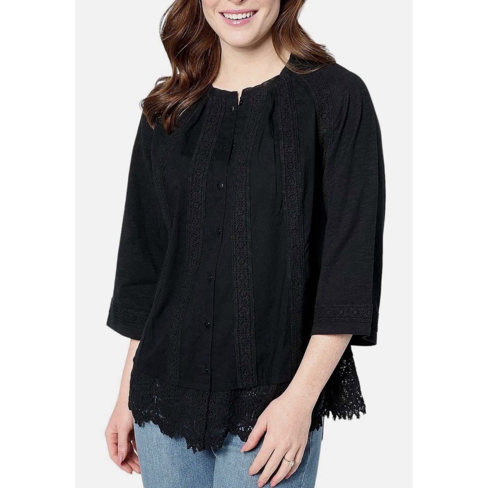 Lori Lavish By Lori Goldstein Woven Button Top Women XXS Black Boho Cottage
